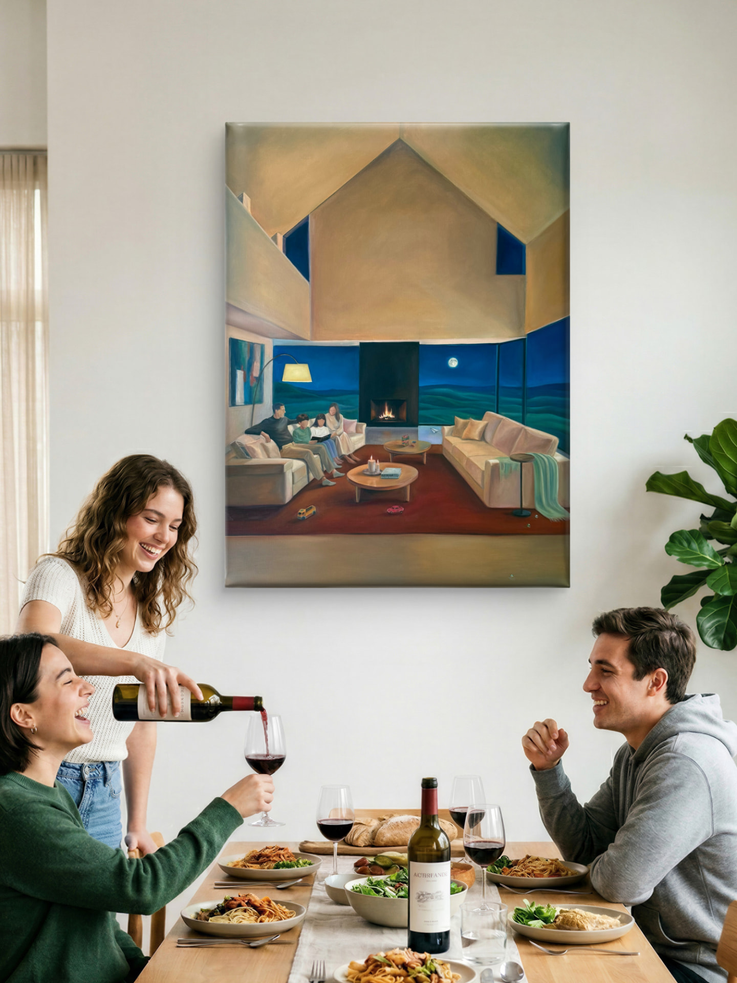 A large family painting hanging above a dinner table of friends