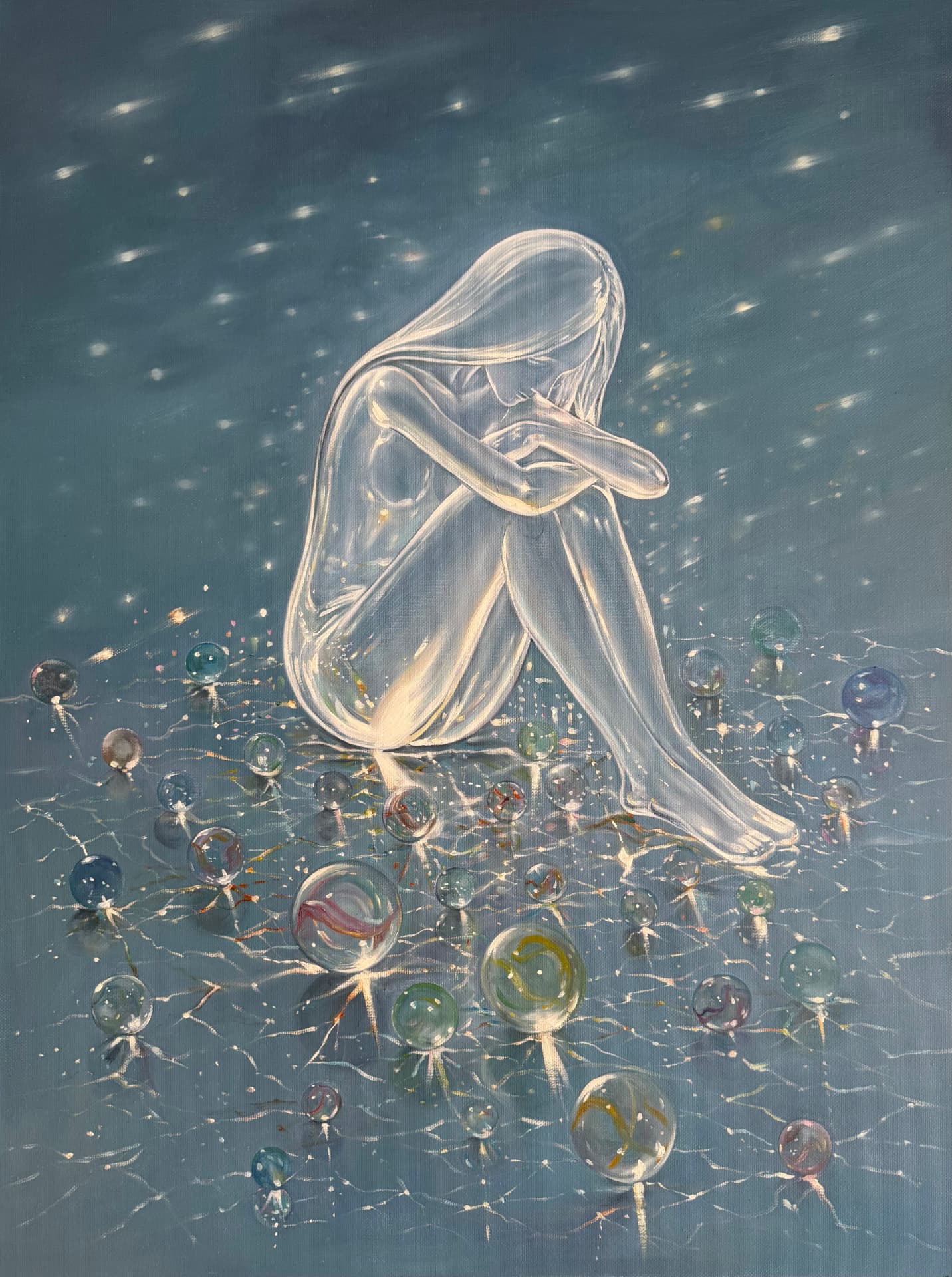 A luminous translucent figure seated among glowing marbles