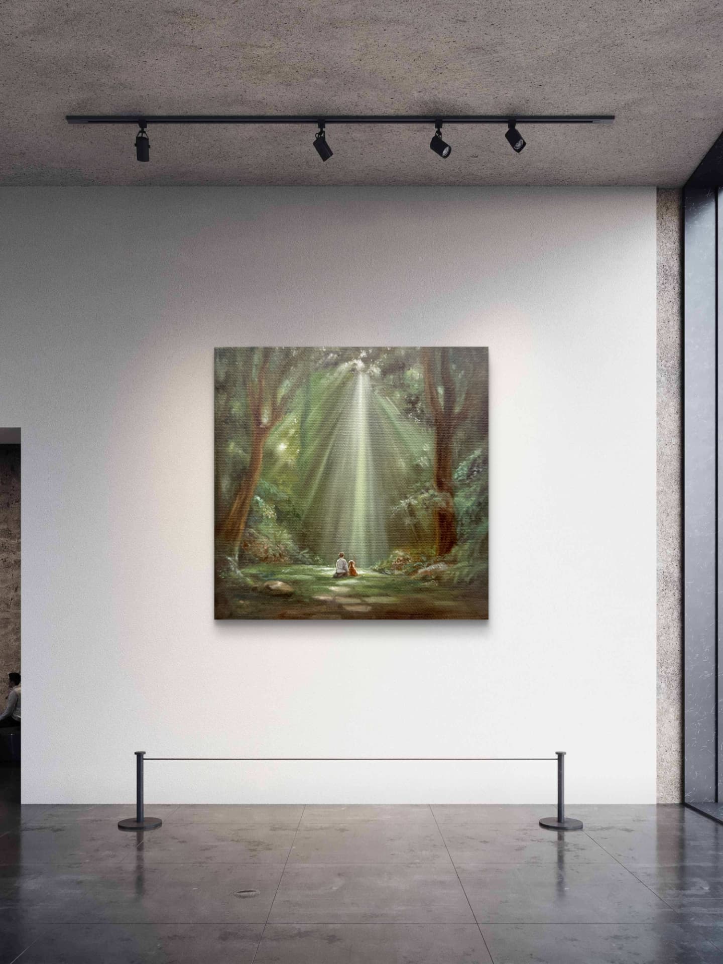 A luminous forest painting lit by track lighting on a gallery wall
